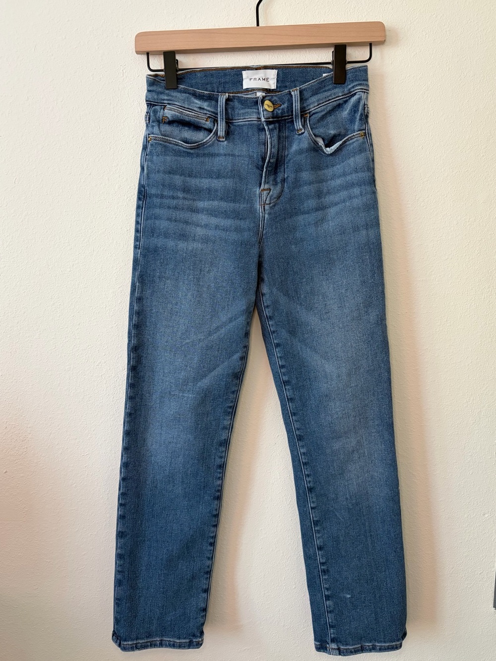 FRAME Le High Straight Jeans Medium Wash Stretch Denim Size 26 Bestia